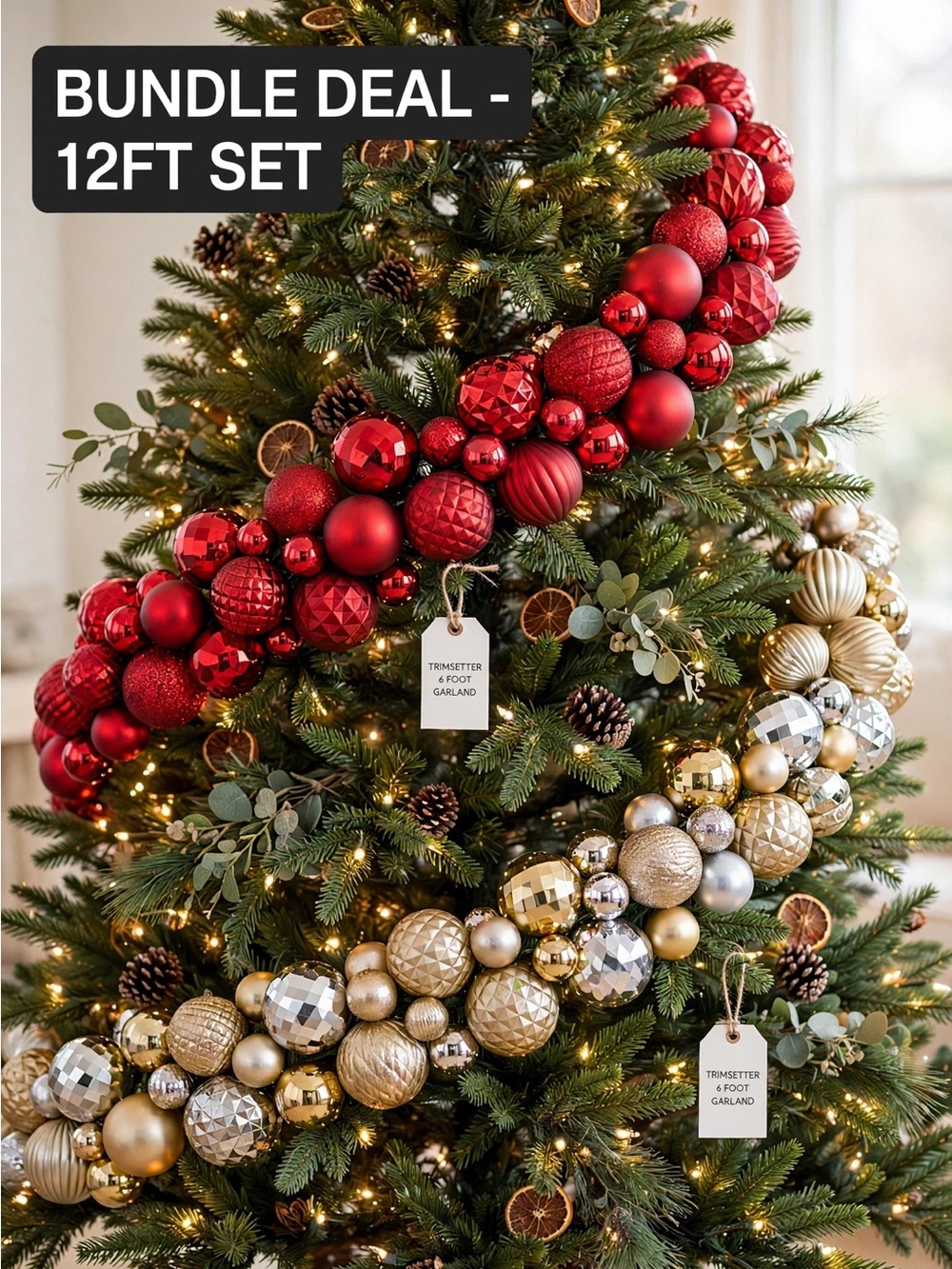 NWT -TRIMSETTER Set of 2 Ornament Garlands 6ft Each Red Gold Silver Christmas